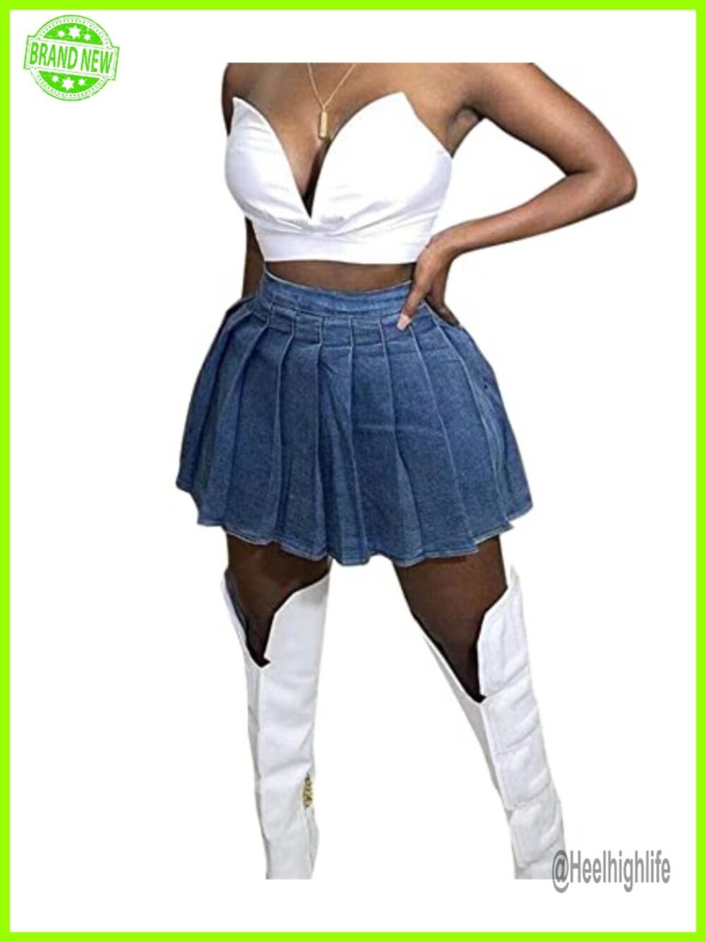 Women's Pleated Denim Mini Skirt Ruffle Blue Jean Tennis Skirt High Waist